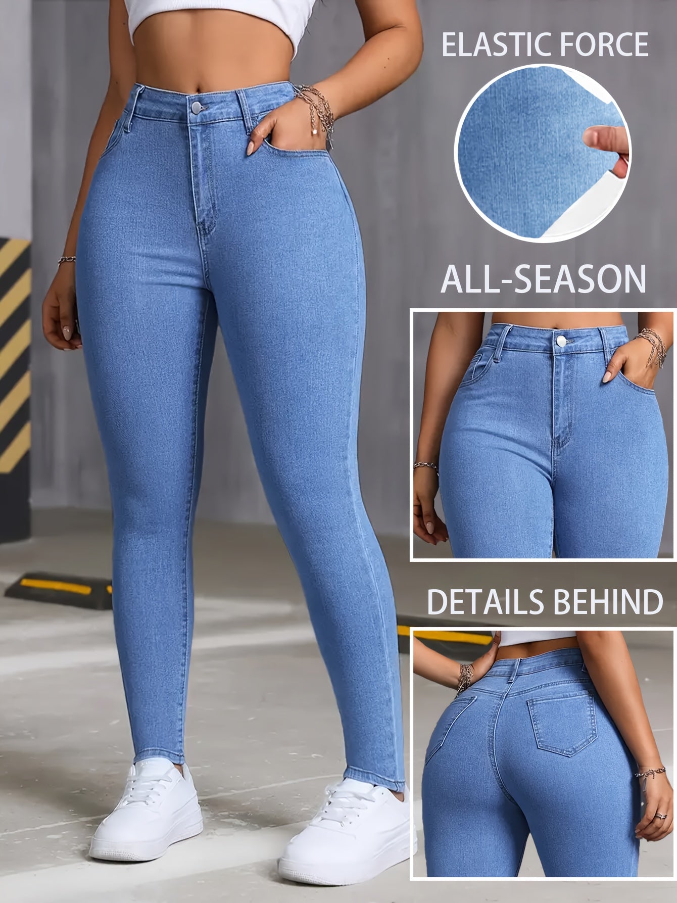 Jeans ajustados de talle alto para mujer de talla grande en mezclilla elástica negra