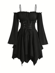 Off-Shoulder Gothic Dress with Ruffle Hem and Asymmetrical Waist for Women
