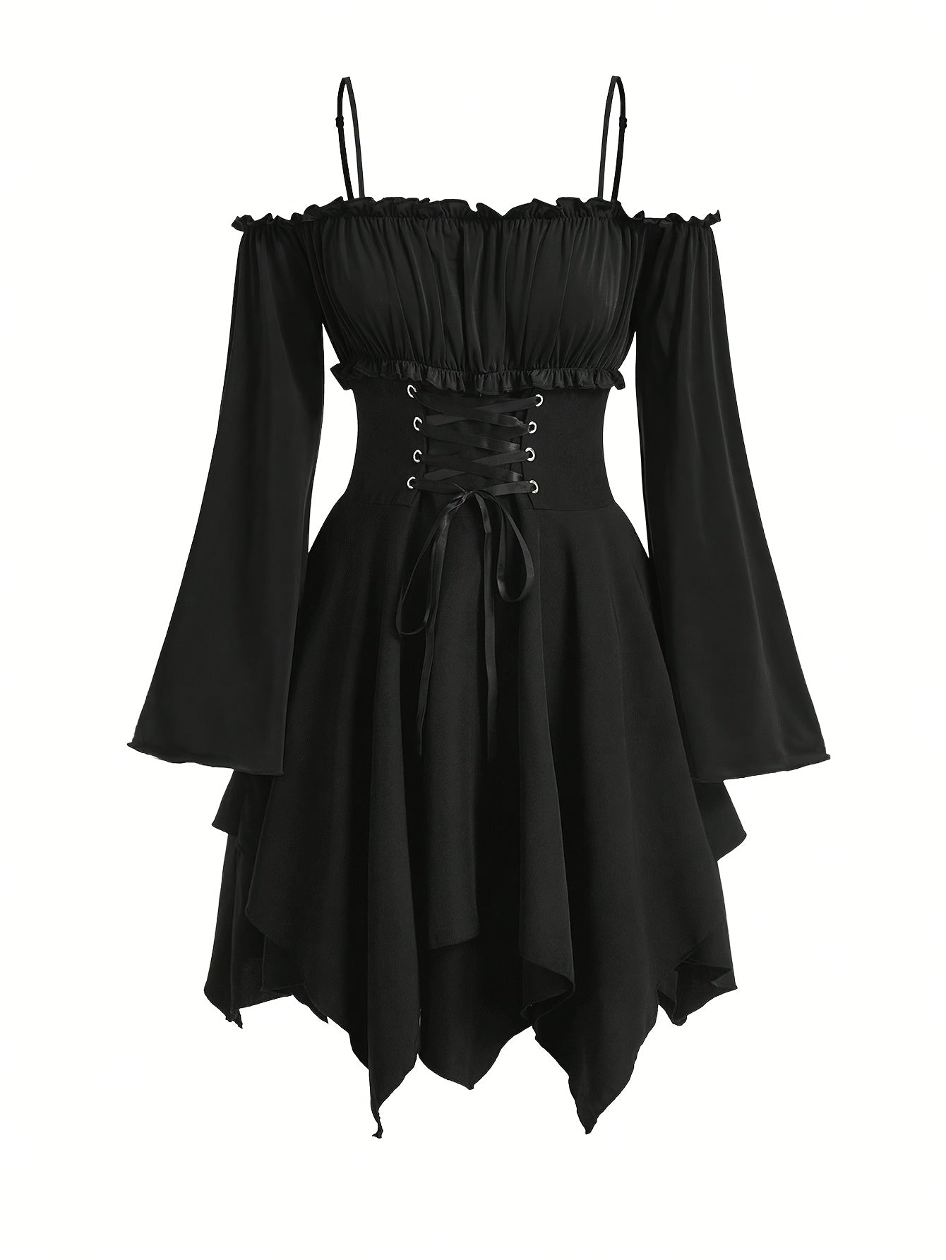 Off-Shoulder Gothic Dress with Ruffle Hem and Asymmetrical Waist for Women