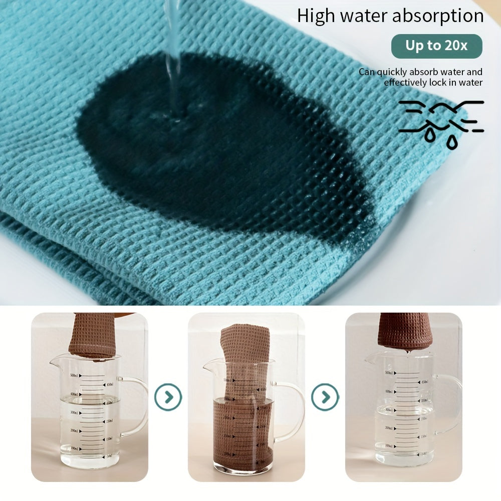 Set of 3 Large Kitchen Towels in Green Plaid and Striped Waffle Weave 45x65 cm