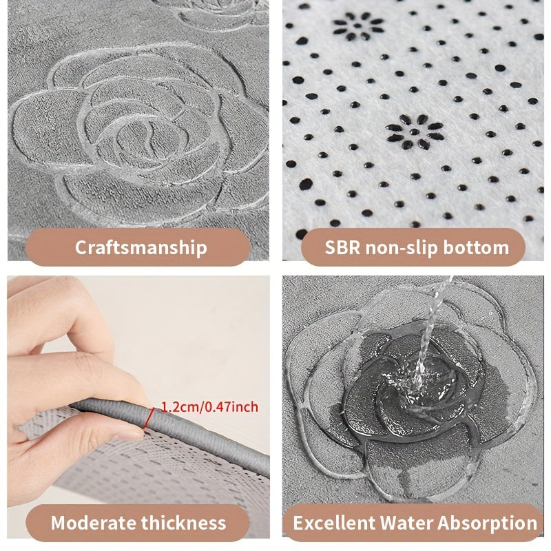 Blue and White Floral Bathroom Mat Plush Anti-Slip Absorbent Soft Rug