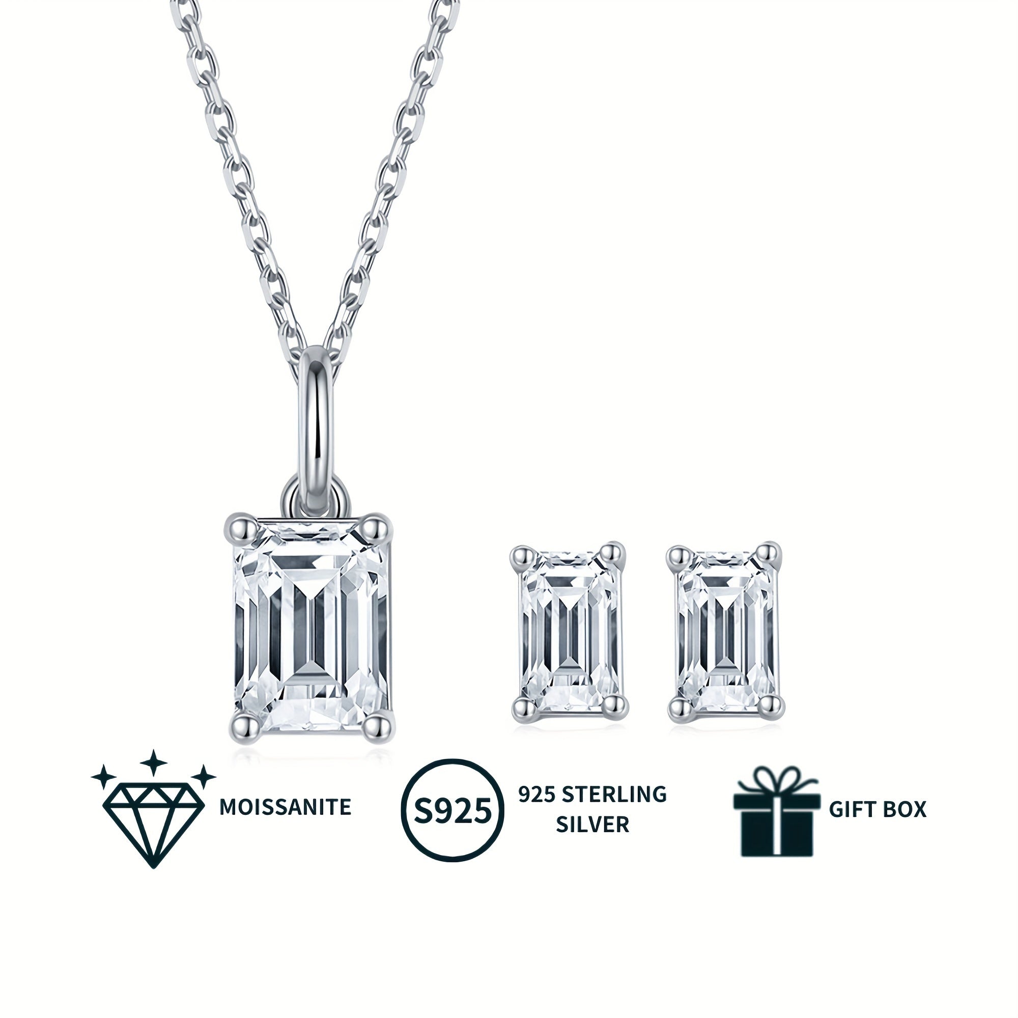 Elegant Moissanite Jewelry Set with Pendant Necklace and Stud Earrings 925 Silver Plated