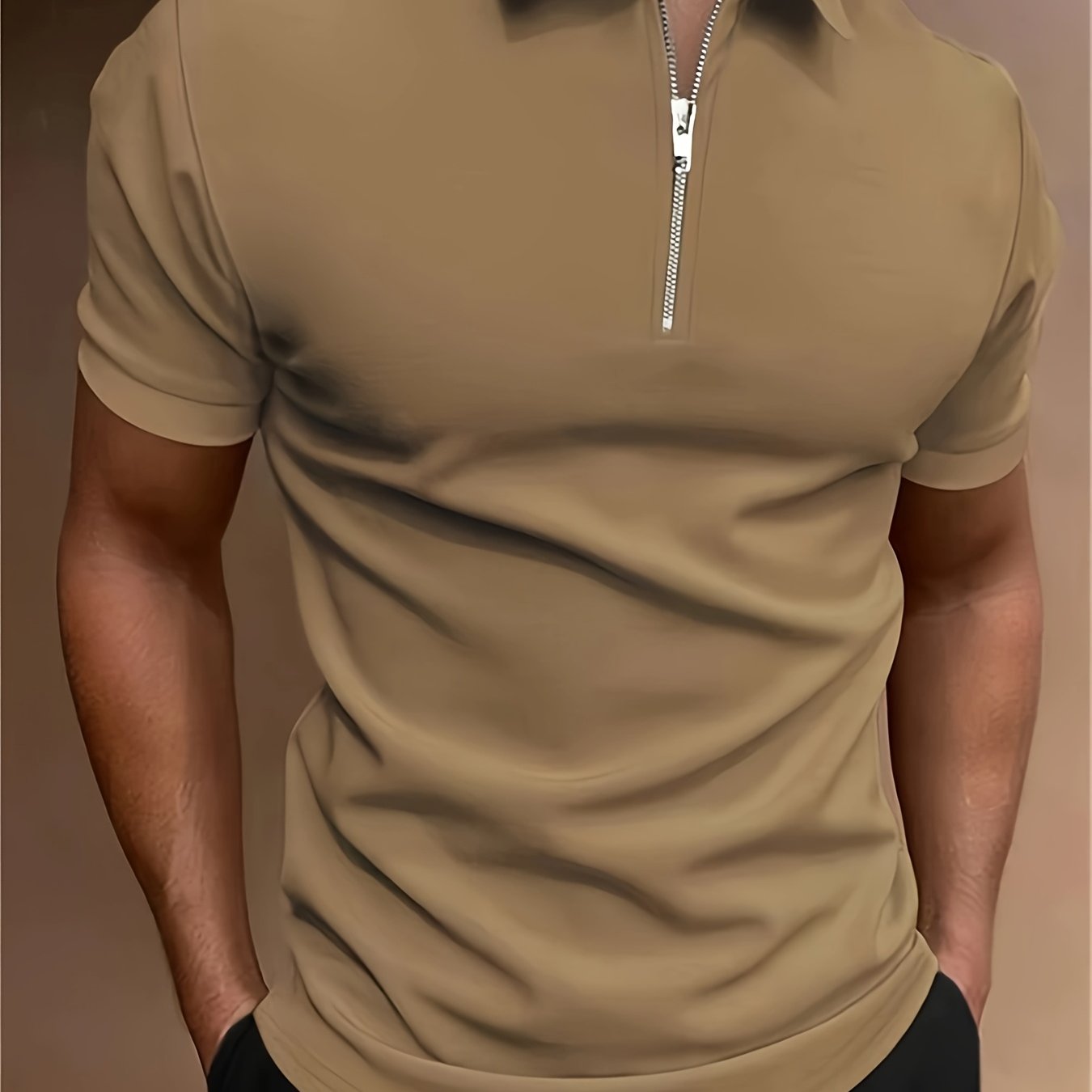 Men's Solid Color Zipper Lapel Golf Shirt for Casual Summer Streetwear