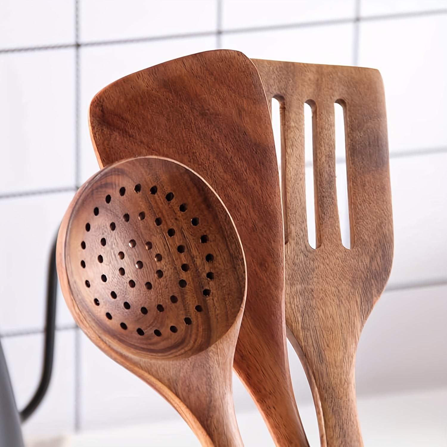 Set of 4 Wooden Cooking Utensils with Comfort Grip Handles for Nonstick Cookware