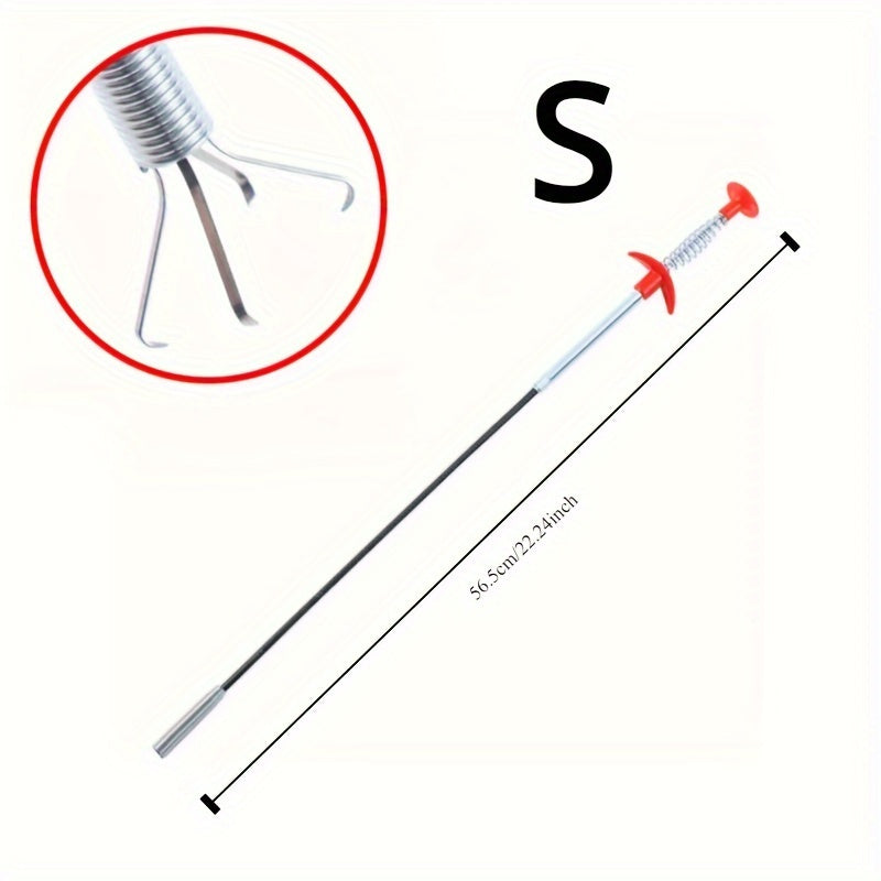 Herramienta flexible para eliminar obstrucciones en desagües de metal con mango rojo para lavabo y inodoro