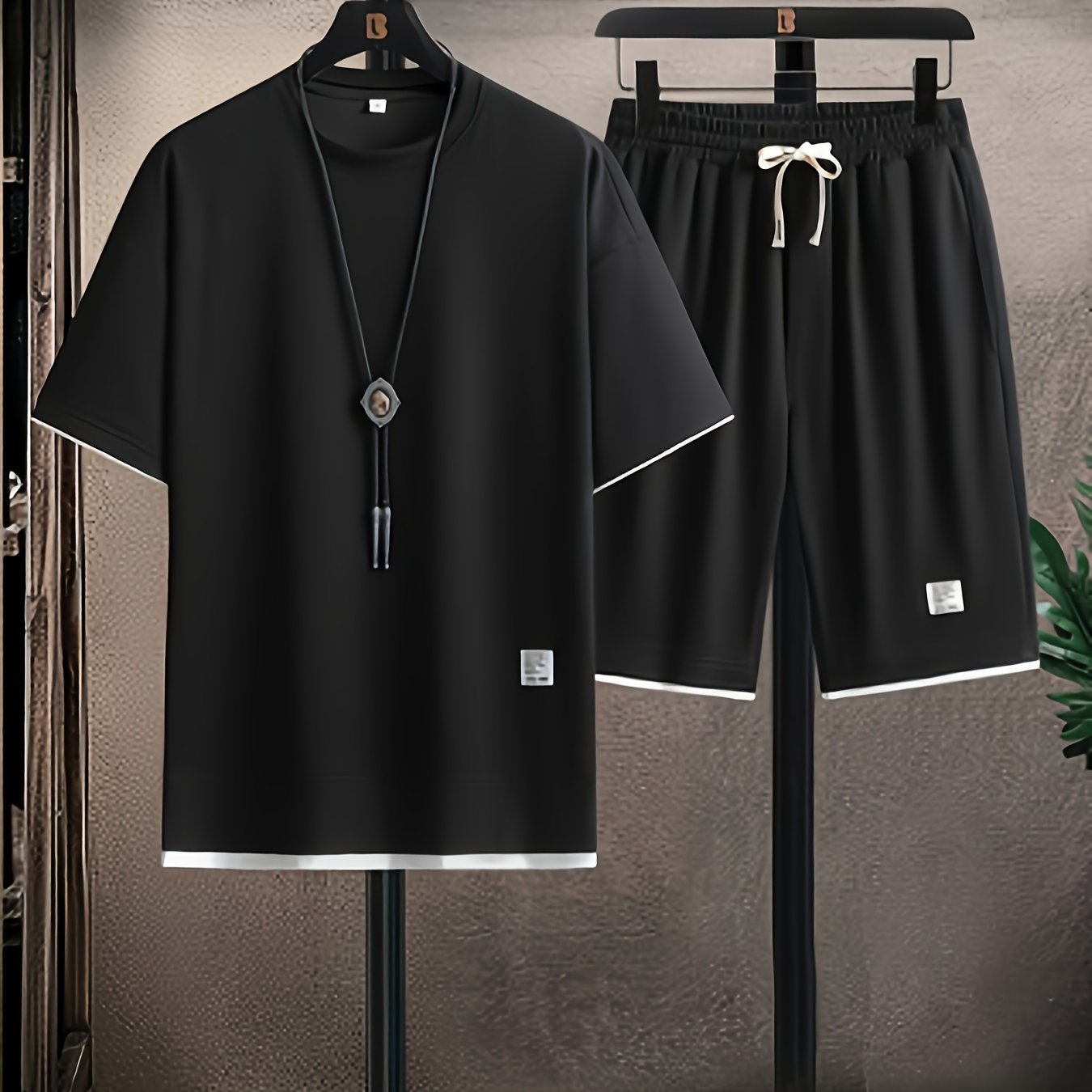 Men's Summer Casual Outfit T-Shirt and Shorts Set Crew Neck Patchwork Breathable Fabric