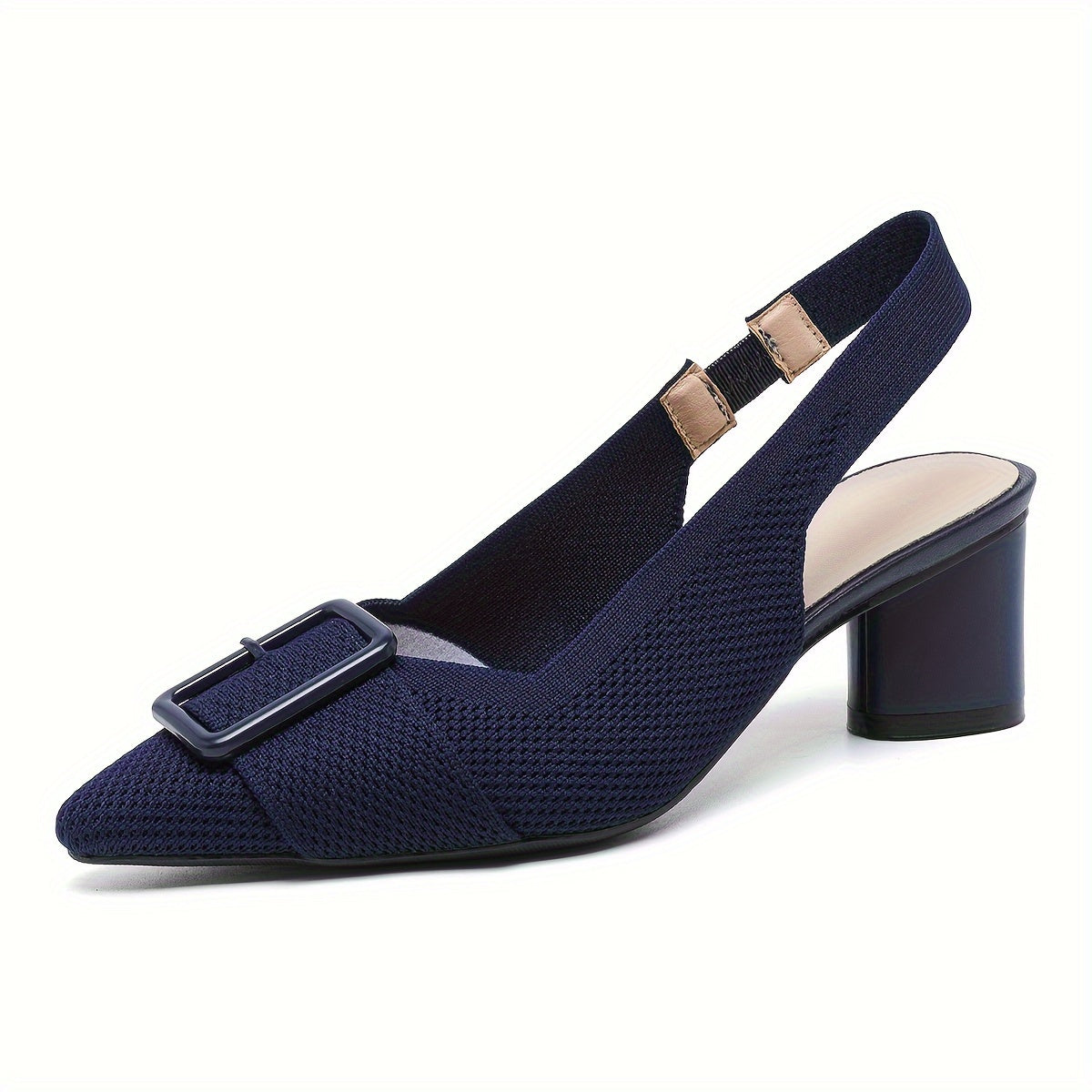Women's Mid-Heel Pumps with Breathable Knit, Pointed Toe, Slip-On, Chunky Heel