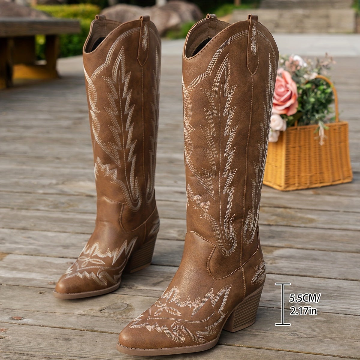 Women's Western Embroidered Faux Leather Cowboy Boots with Chunky Heel