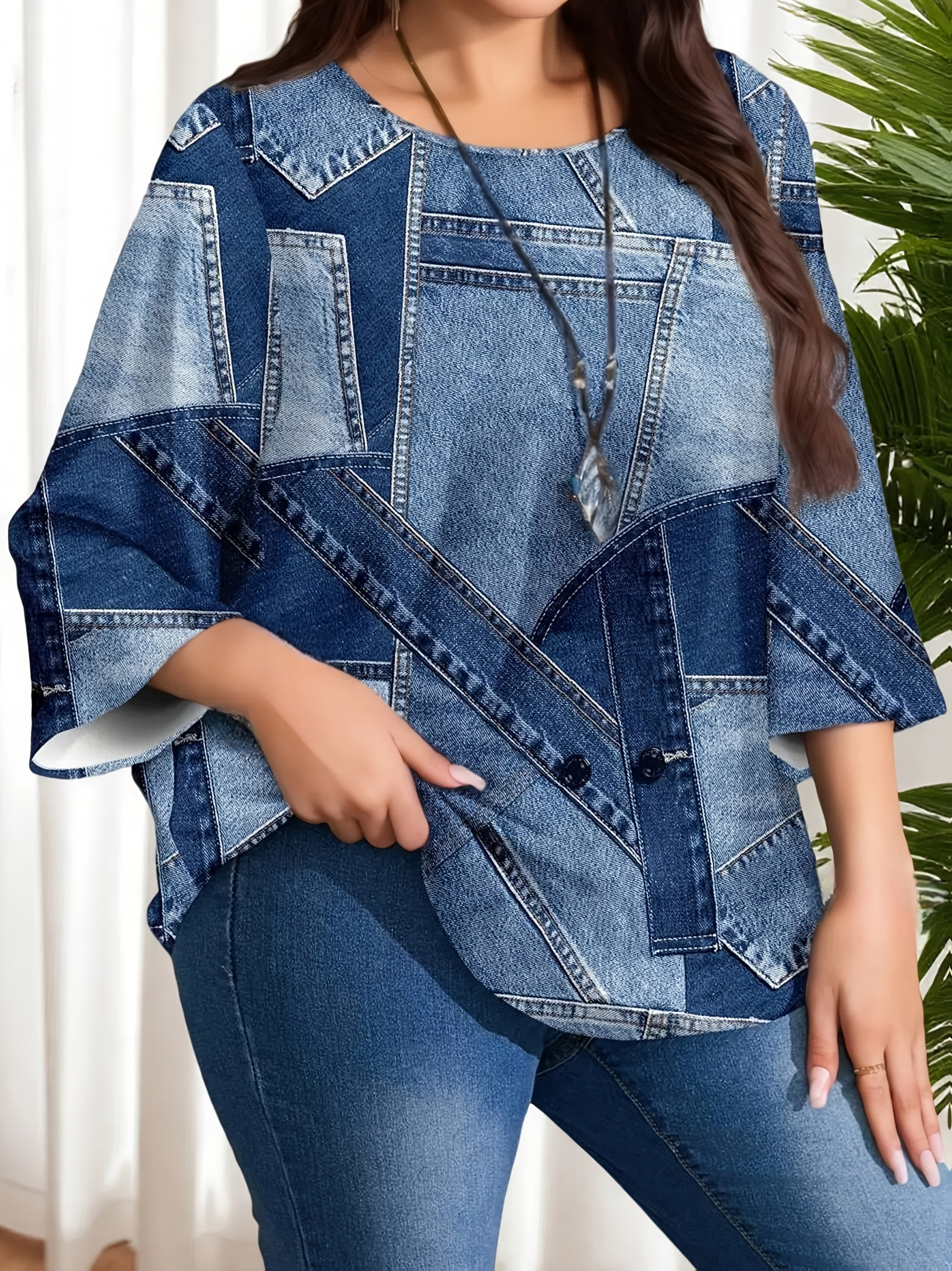 Plus Size Women's Denim Blouse Geometric Print 3/4 Sleeve Casual Top