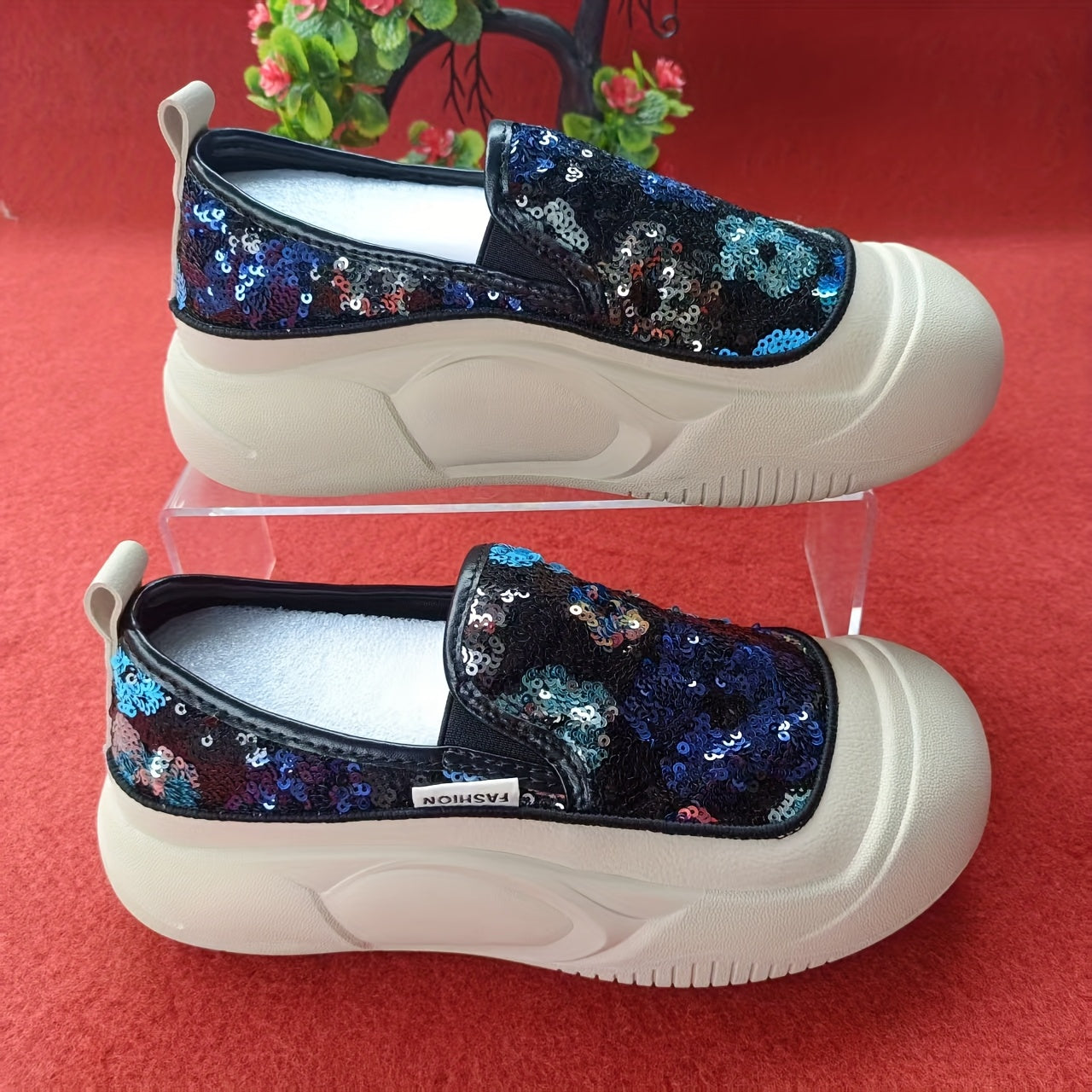Women's Floral Glitter Casual Sneakers with Cushioned Insole and Rubber Sole