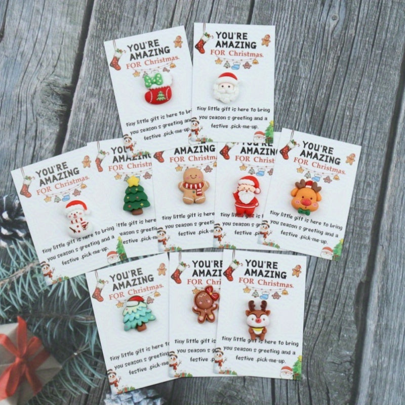 Set of 10 Christmas Greeting Cards with Resin Charms, Festive Santa, Reindeer, Snowman Designs