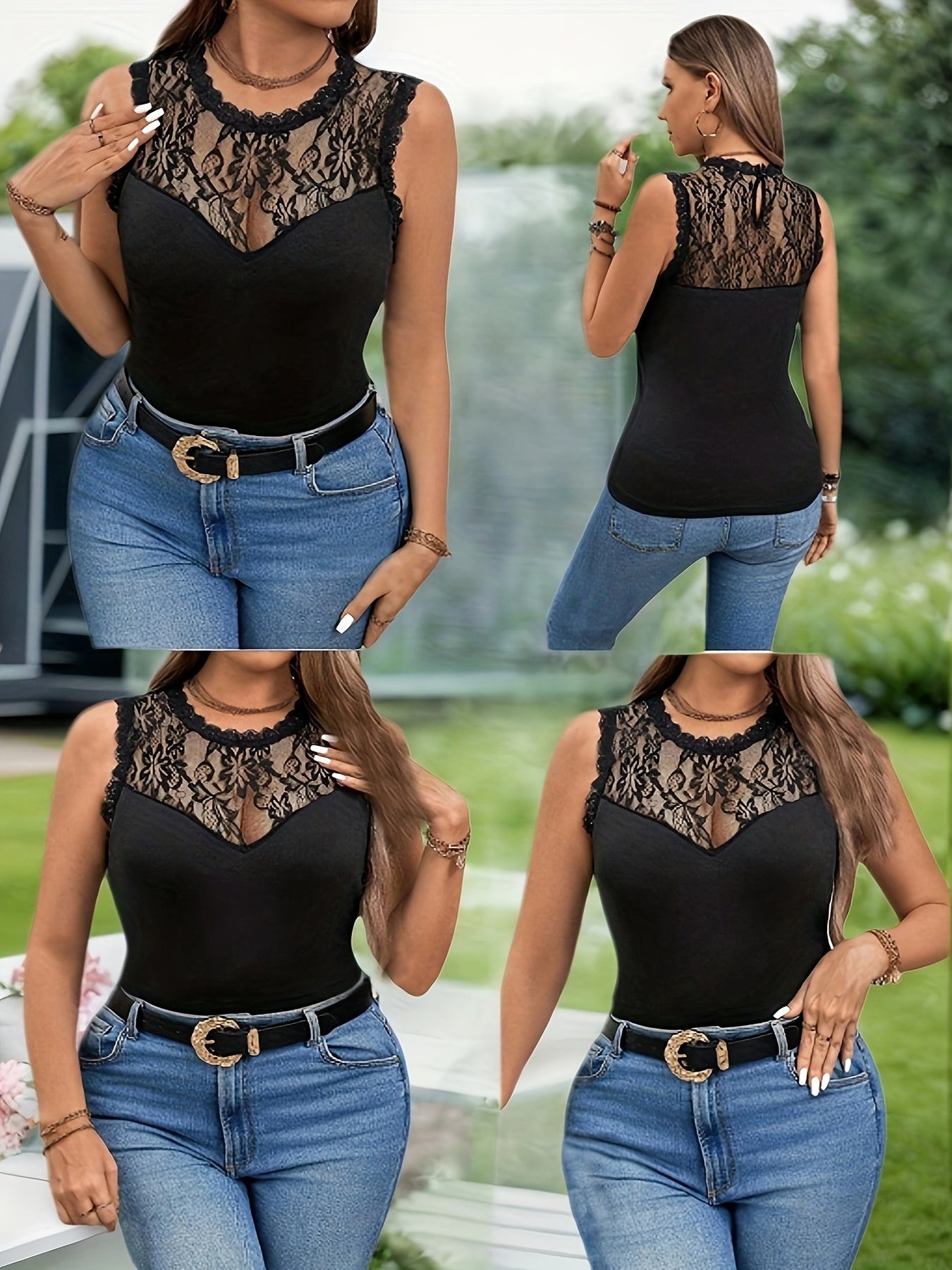 Женский топ без рукавов с кружевной отделкой для полных, черный с цветочным узором, вязаный