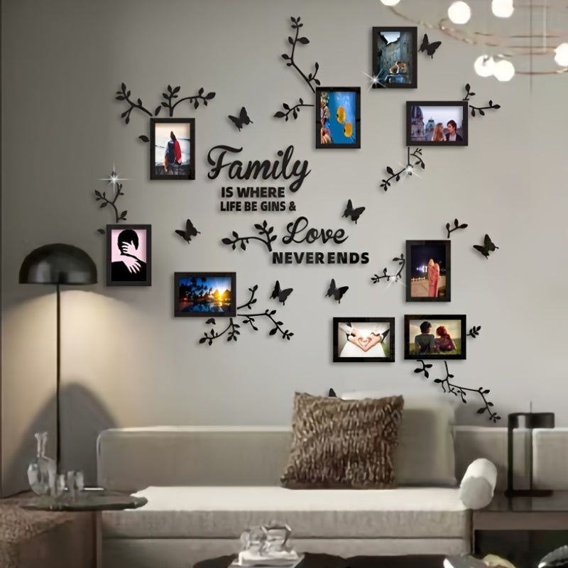 Acrylic Wall Decor Stickers Set with Flower Branches Butterflies and Photo Frames for DIY Home Office Wall Decoration
