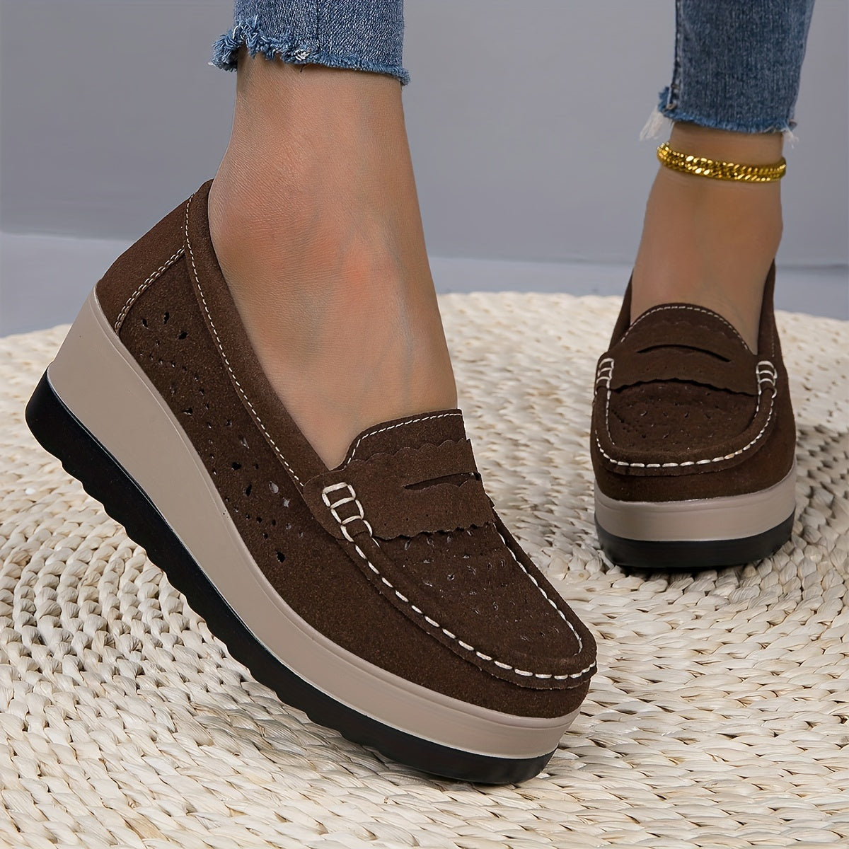 Women's Wedge Loafers Breathable Round Toe Slip-On Casual Shoes
