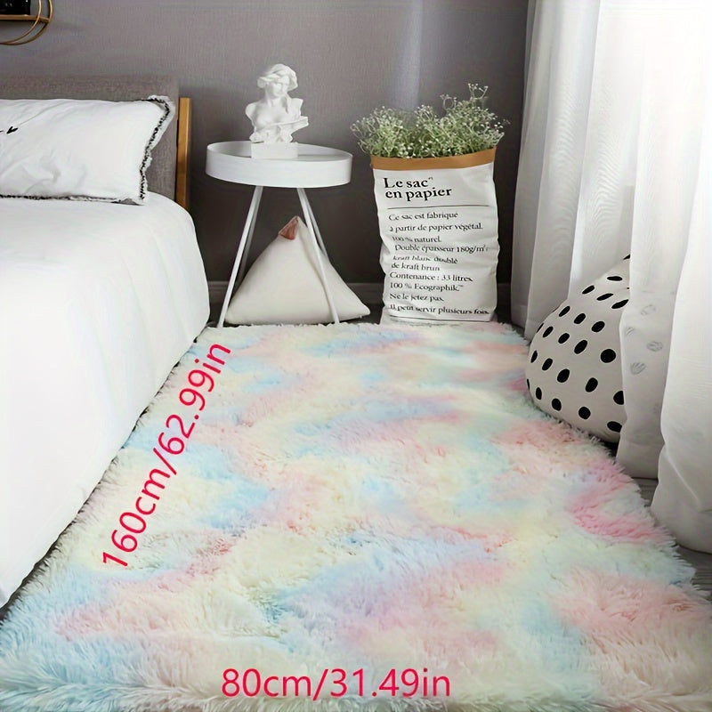 Alfombra de tie-dye gris claro con pelo alto, respaldo antideslizante, lavable a máquina