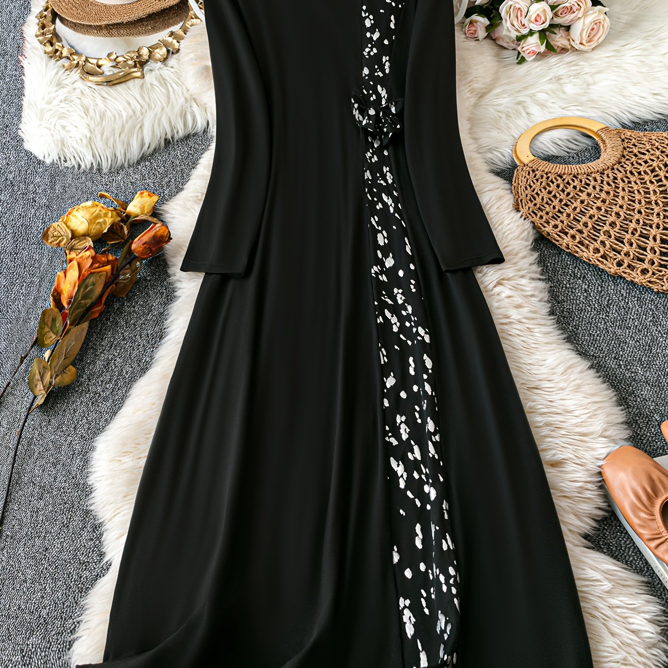 Women's Houndstooth Long Dress Black Red Asymmetrical Hem Round Neck Polyester Blend Spring Summer