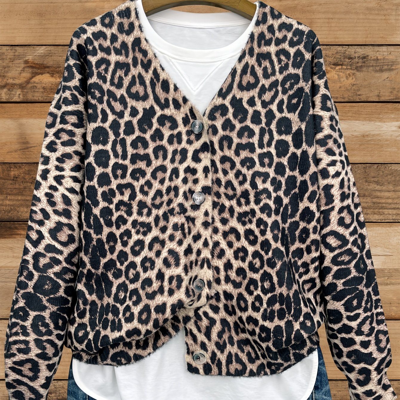 Plus Size Women's Leopard Print Cardigan V-Neck Long Sleeve Fall Winter Knit Sweater