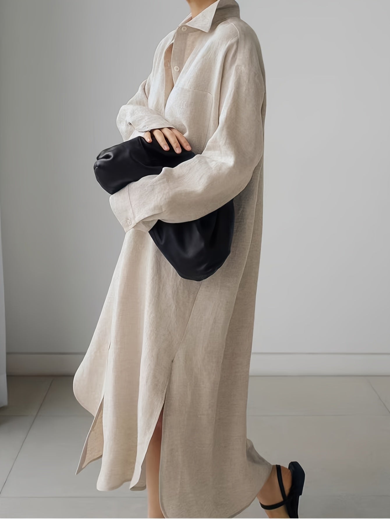 Women's Cotton Long Sleeve Shirt Dress with Split Button Design for Casual Outings