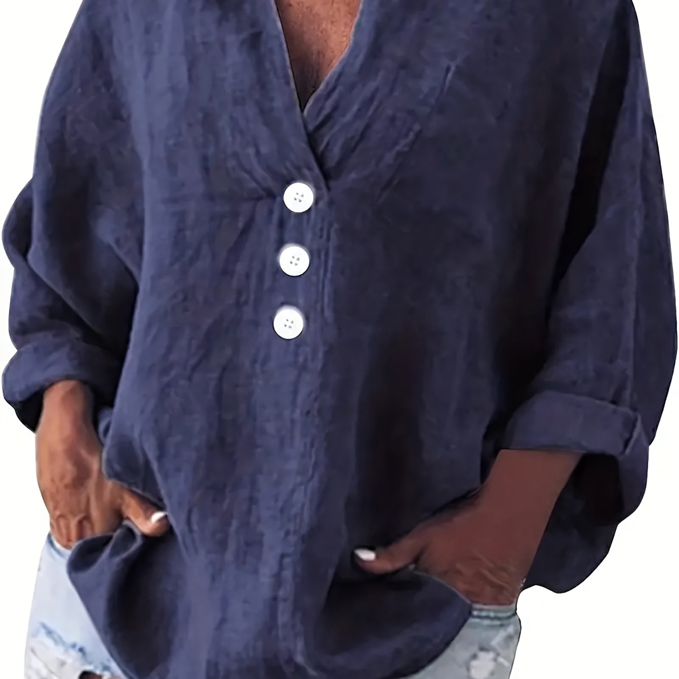 Solid Polyester V-Neck Loose Fit Blouse for Spring and Fall