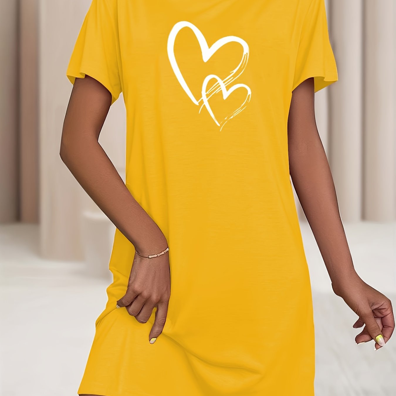 Women's Plus Size Heart Print Sleep Dress Soft Stretchy Nightgown Yellow