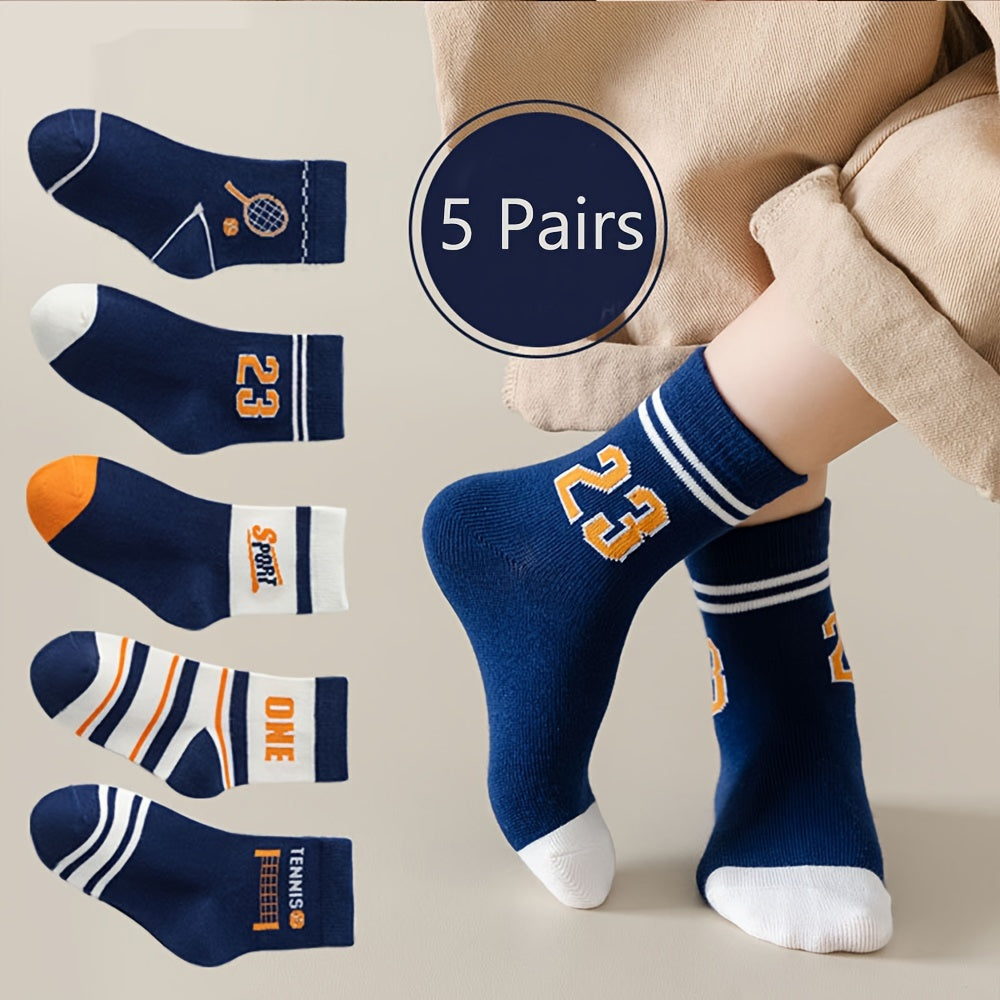 Conjunto de 5 calcetines deportivos gráficos de otoño e invierno para niños en poliéster y spandex