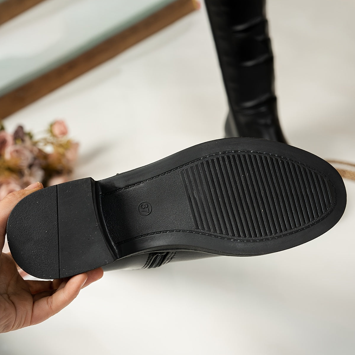 Women's Faux Leather Mid-Calf Boots Warm Winter Chunky Heel Black