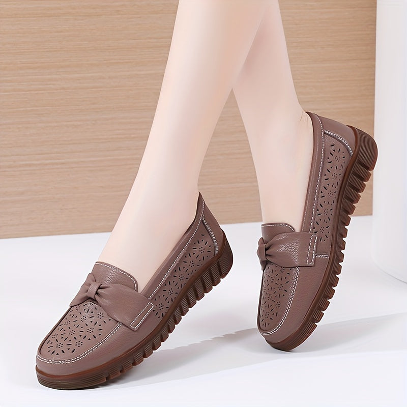 Women's Breathable Closed Toe Flat Shoes with Hollow Out Design and Bow