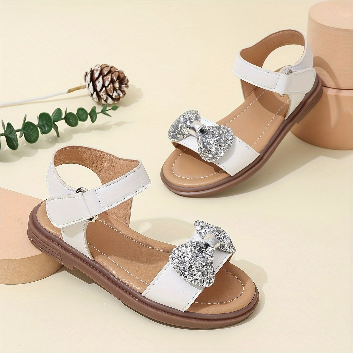 Girls White Roman Sandals with Bowknot Rhinestones for Summer Casual Beach