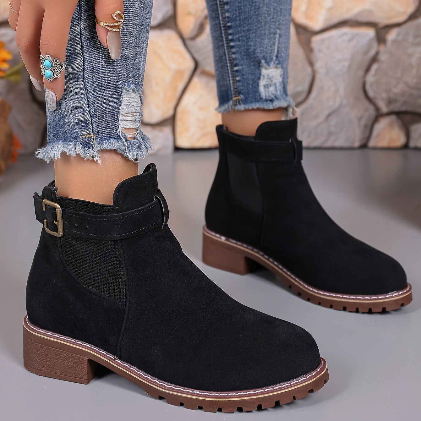 Women's Chunky Heel Ankle Boots Faux Cover Upper TPR Sole Mid-Calf