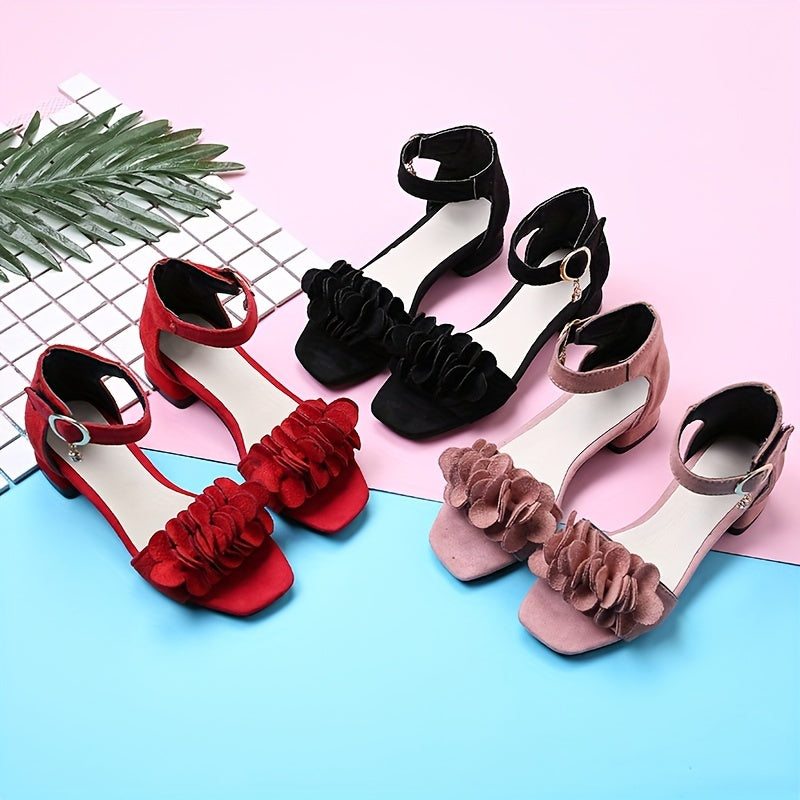 Girls High-Heeled Sandals Summer Solid Color Open-Toe Dress Shoes for Parties Weddings