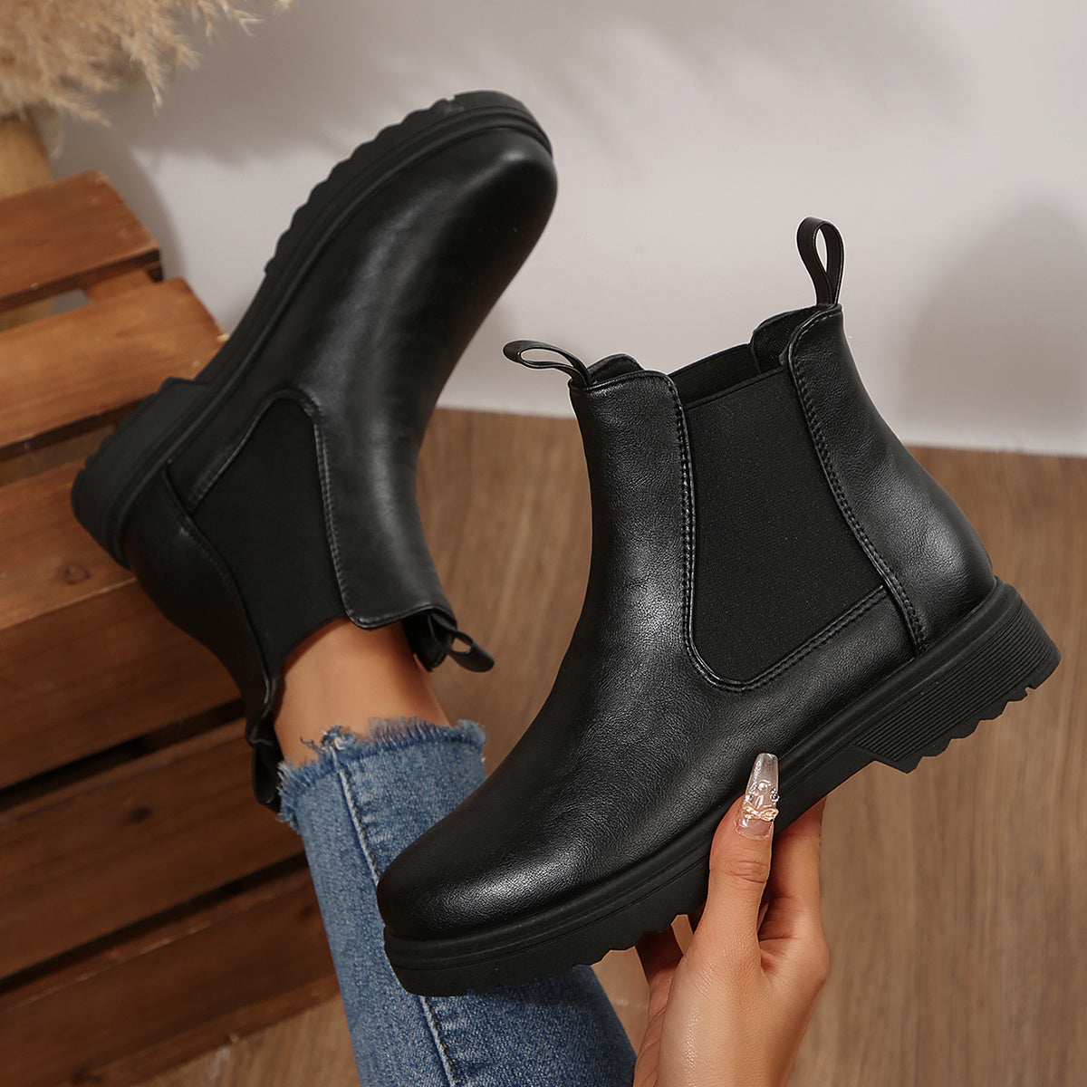 Women's Black PU Flared Ankle Boots Lightweight Casual Hiking