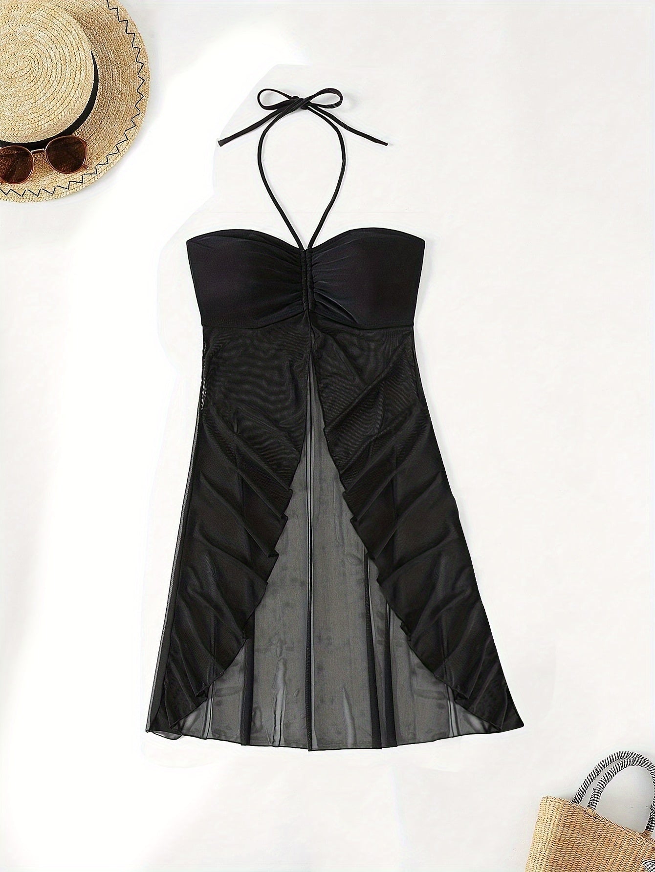 Women's Solid Color Sheer Mesh Beach Cover-Up Skirt with Halter Neck and Stretch Fabric