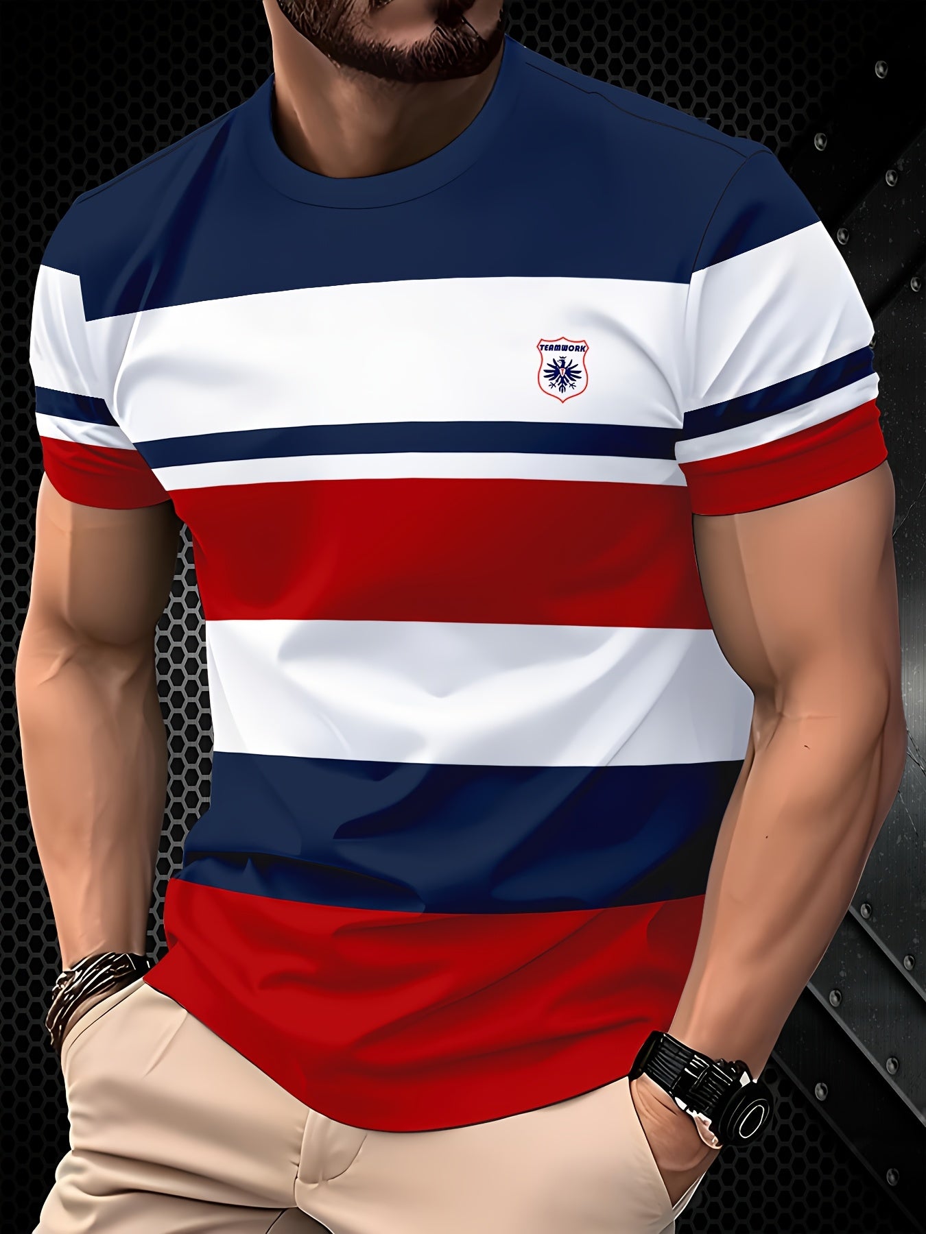 Men's Striped Short Sleeve T-Shirt with Crew Neck Digital Print All-Season Polyester Knit