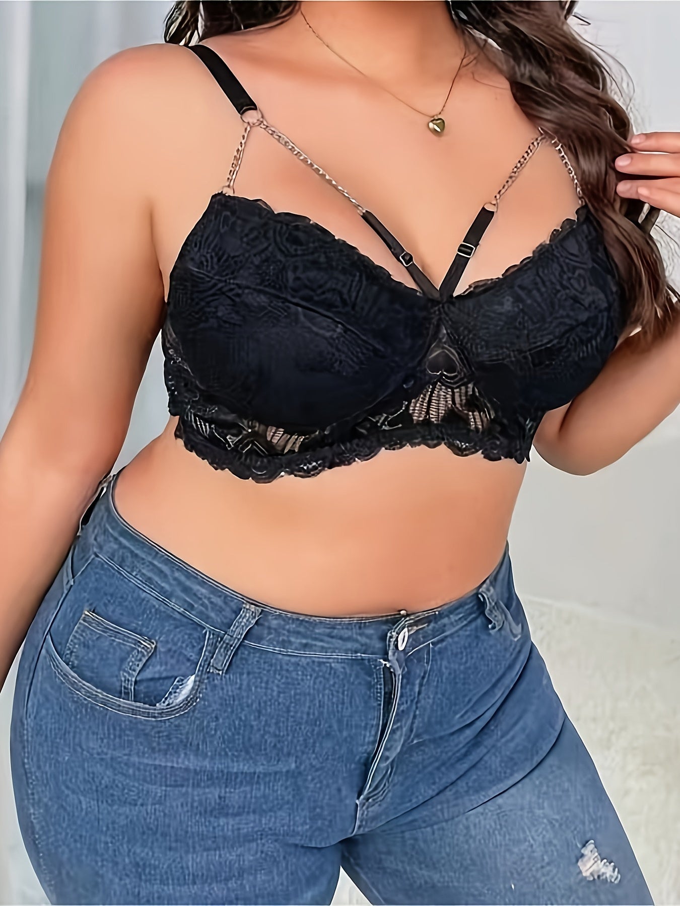 Women's Plus Size Floral Lace Cut Out Strappy Bra with Chain Detail
