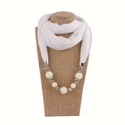 Women's Solid Color Infinity Scarf with Beaded Jewelry Necklace and Head Wrap