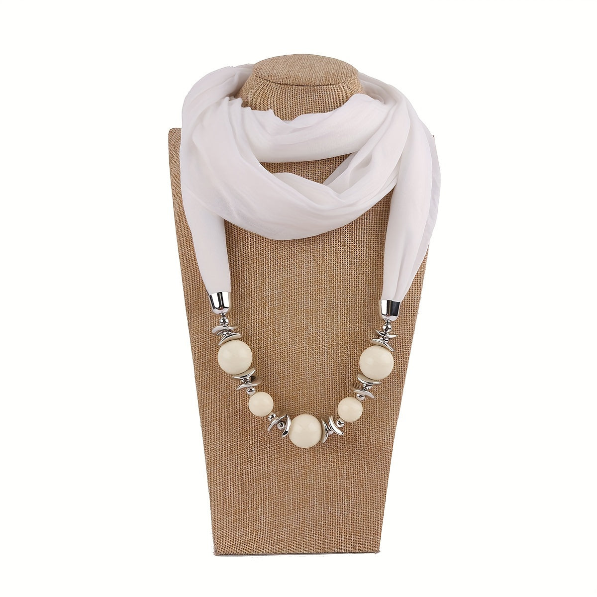 Women's Solid Color Infinity Scarf with Beaded Jewelry Necklace and Head Wrap