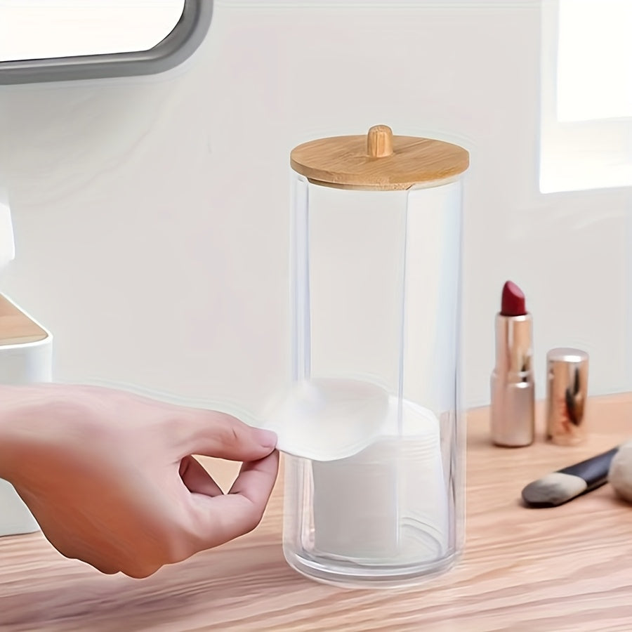 Transparent Storage Jars with Bamboo Lids and Wooden Dispenser for Bathroom and Home Office Organization