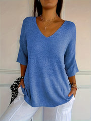 Women’s Plus Size V-Neck Knit Top Soft Blue Ribbed Oversized Pullover