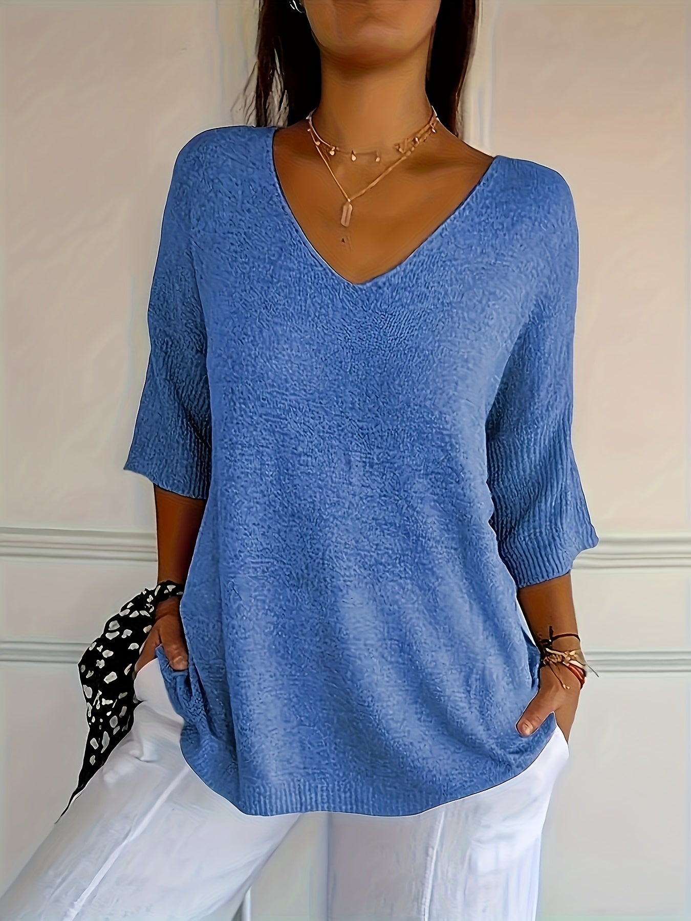 Women’s Plus Size V-Neck Knit Top Soft Blue Ribbed Oversized Pullover