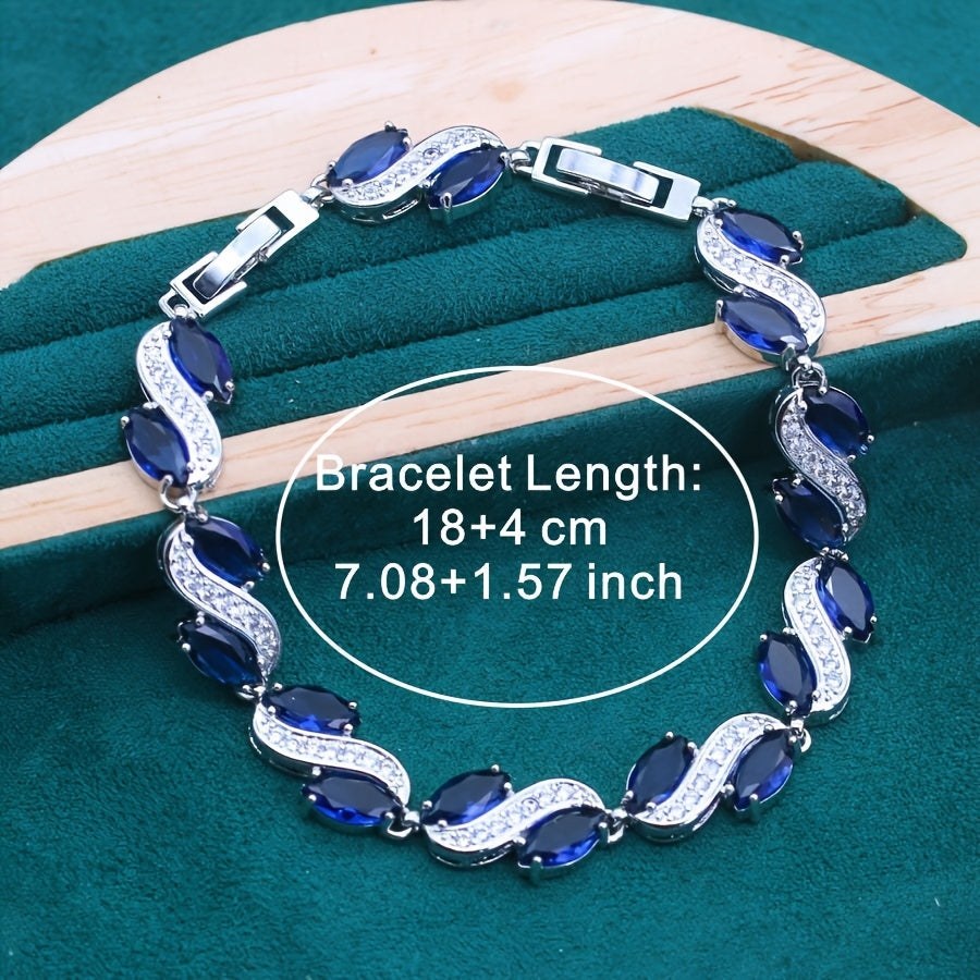 Conjunto de joyería de cobre con gemas azules sintéticas, collar, anillo, pendientes y pulsera chapados en platino 5 piezas