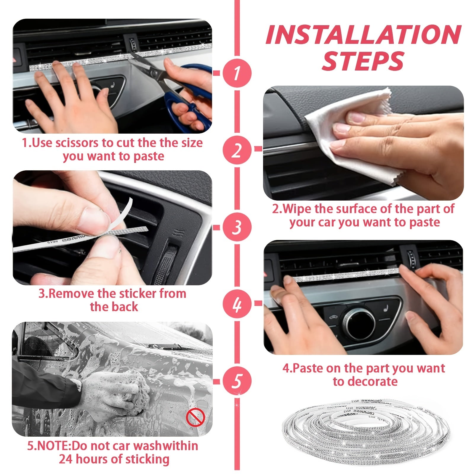 Ayollar uchun porloq rhinestone avtomobil bo'lagi stikerlari, o'z-o'zini yopishtiradigan panel dekoratsiyasi