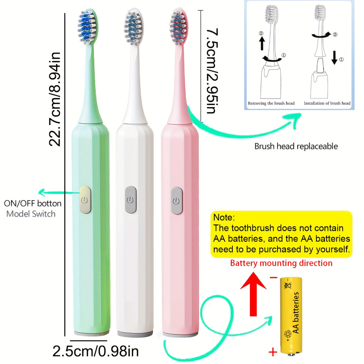 Erkaklar va ayollar uchun elektr tish cho'tkasi Yumshoq cho'tka Soundwave texnologiyasi Portativ AA batareya