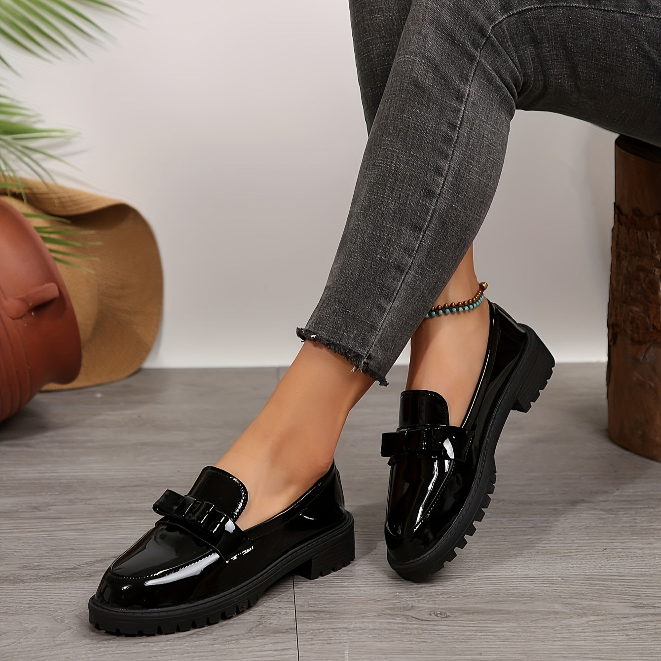 Women's Black Faux Leather Loafers with Bow Detail Slip-On Dress Shoes for Spring and Autumn