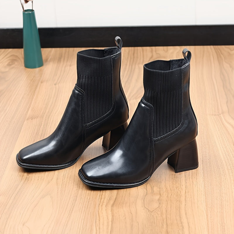 Women's Solid Color Minimalist Slip-On Boots with Chunky Heels