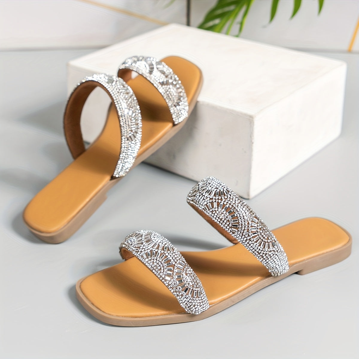 Women's Flat Sandals Soft Sole Glitter Rhinestone Double Strap Summer Casual