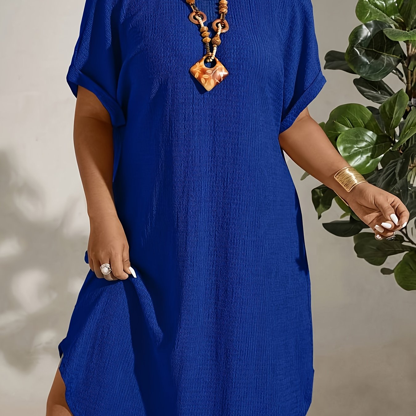 Plus Size Green Midi Dress with Batwing Sleeves V-Neck Textured Polyester for All Seasons