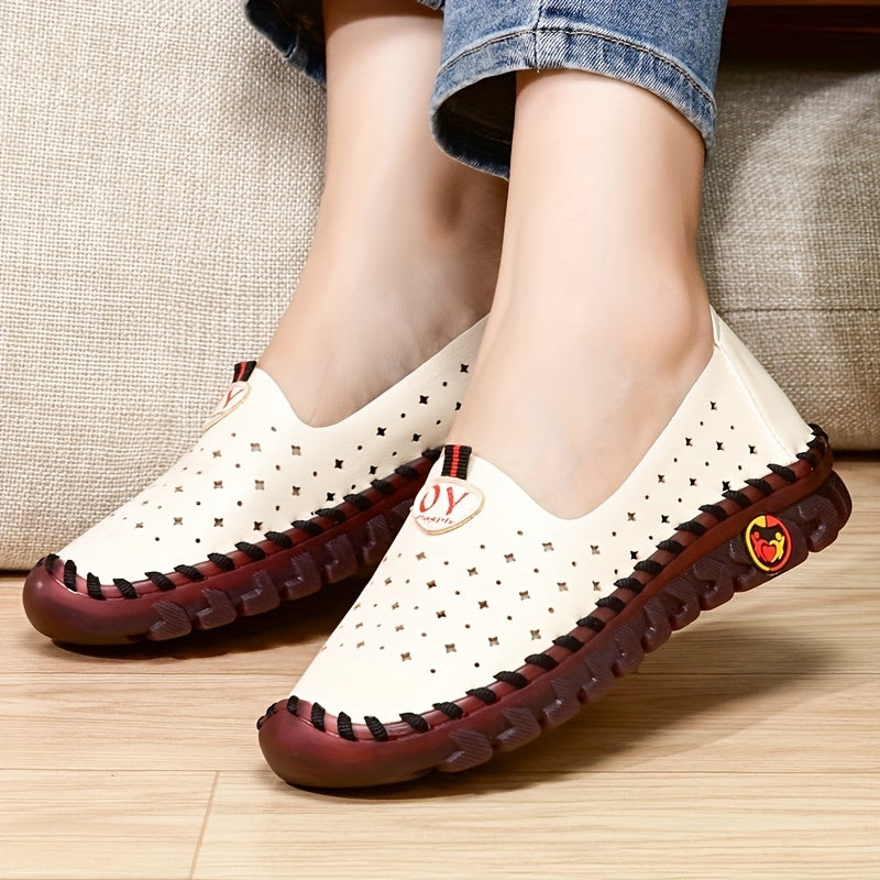 Women's Perforated Flat Shoes Solid Color Slip-On Breathable Loafers
