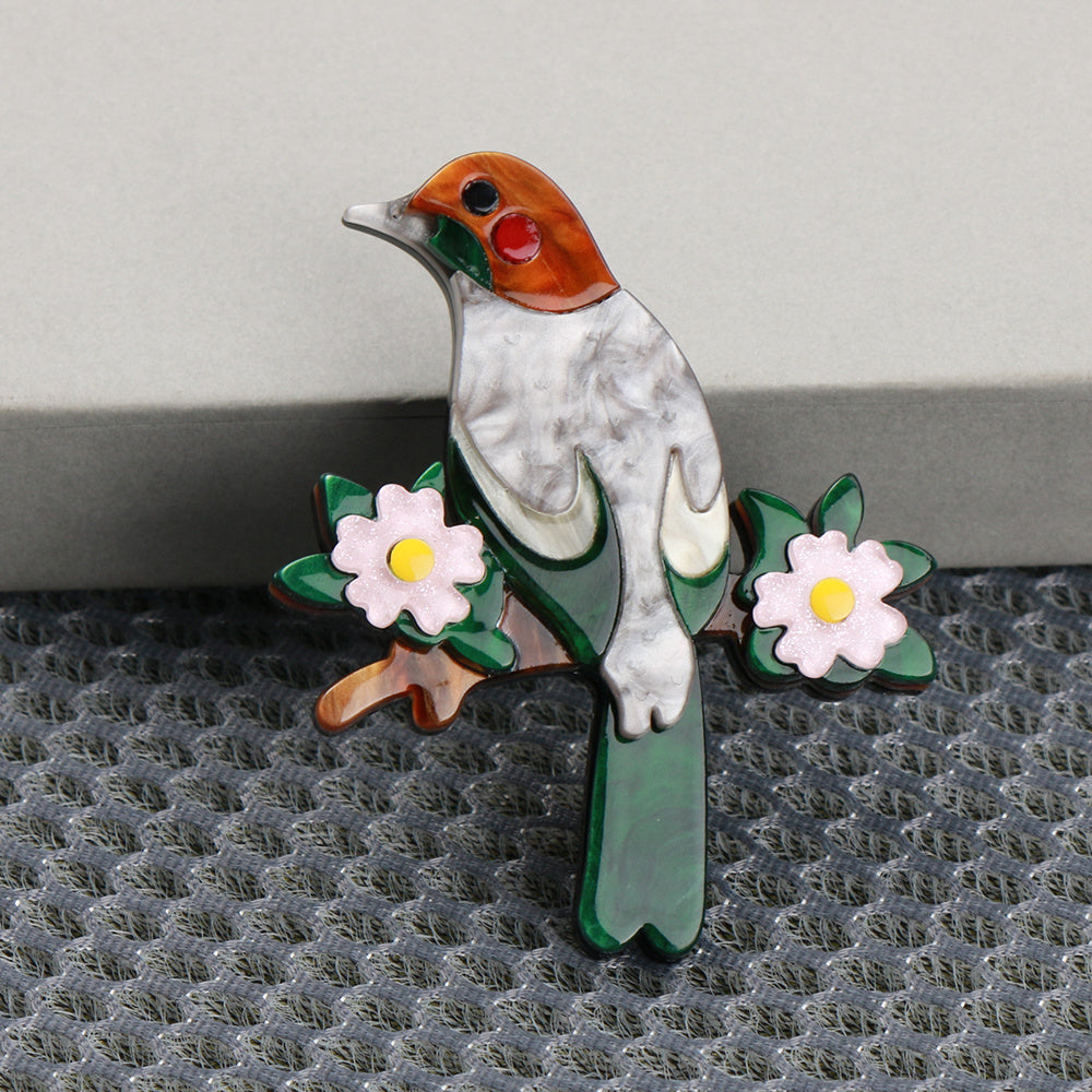 Vintage Inspired Bird Brooch Pin with Acrylic and Enamel Detailing