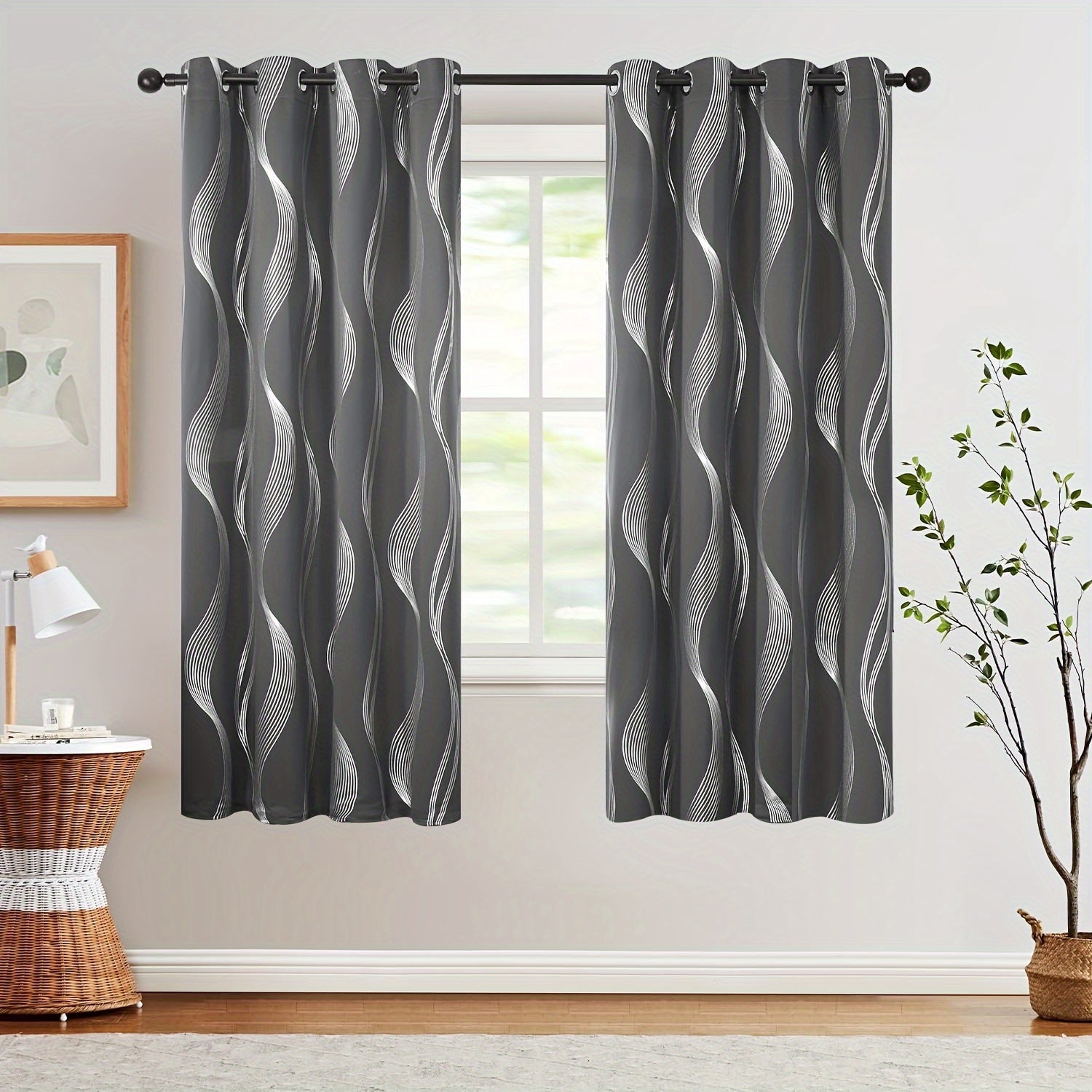 Contemporary Blackout Curtains 2 Pieces Woven Polyester Grommet Top Room Darkening