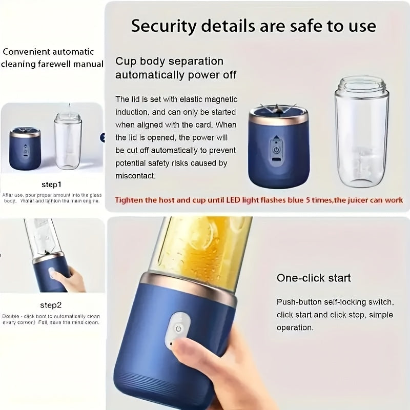 2-in-1 Blender and Juicer Stainless Steel Blades USB Rechargeable Compact Kitchen Appliance